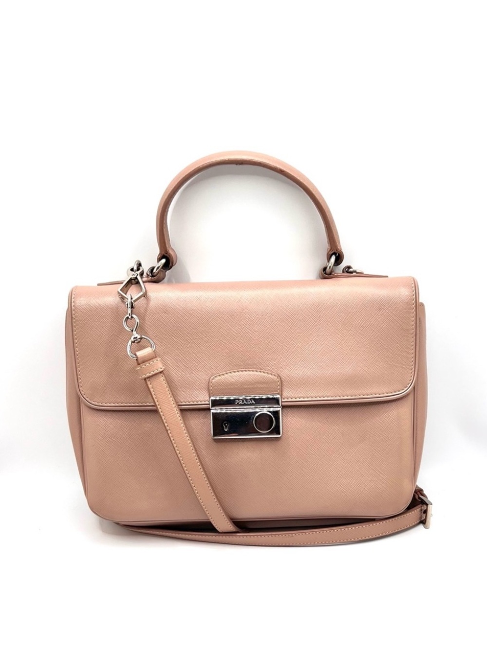 Authentic PRADA Leather Top Handle Flap Closure Lock & Key Bag Purse